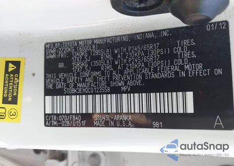 2012 Toyota Highlander Se из США, поврежденный, VIN 5TDBK3EH0CS123558